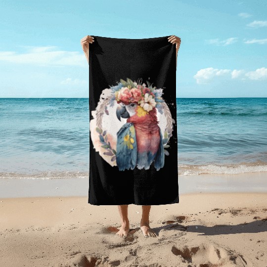 Watercolor Parrot Macaw Bird Flower Crown Pet Bird Beach Towels