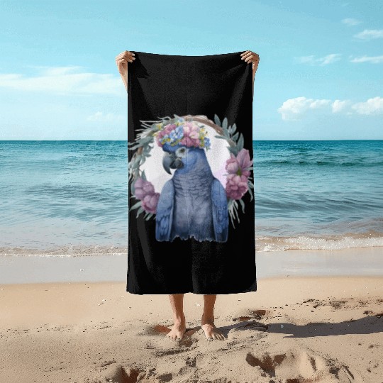 Watercolor Hyacinth Macaw Parrot Bird Flower Crown Beach Towels