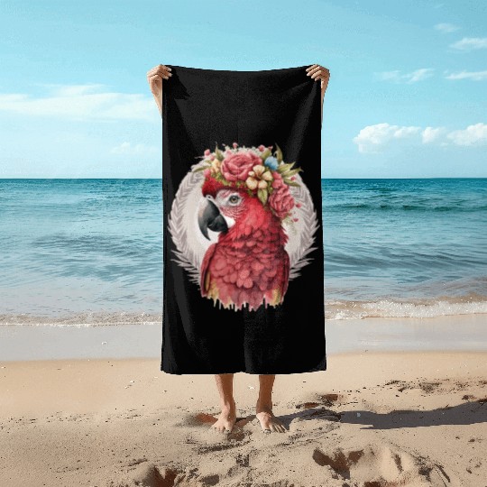 Scarlet Macaw Parrot Watercolor Bird Flower Crown Beach Towels