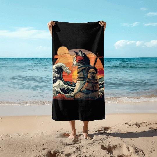 Retro samurai cat The Great Wave Hokusai Beach Towels