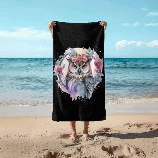 Watercolor Owl Flower Crown Artistic Floral Birds Beach Towels