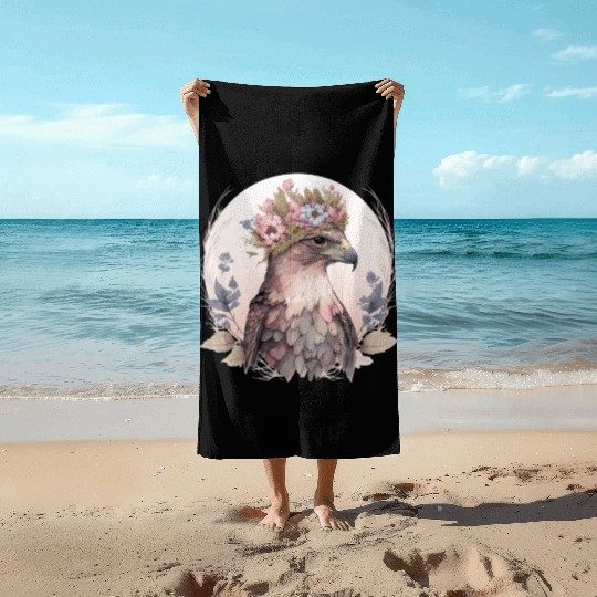 Cute Hawk Bird Of Prey Flower Crown Floral Bird Wa Beach Towels