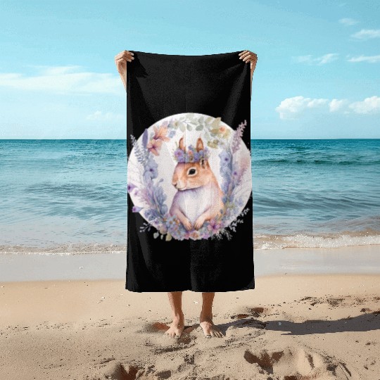 Cute Squirrel Flower Crown Animal Lovers Beach Towels