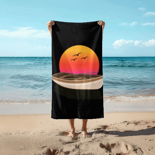 Retro Sunset rowing boat Graphic Beach Towels