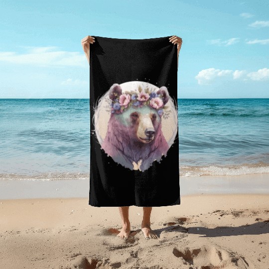 Cute Watercolor Grizzly Bear Flower Crown Floral A Beach Towels