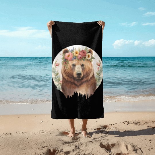 Cute Brown Bear Grizzly Flower Crown Animal Lovers Beach Towels