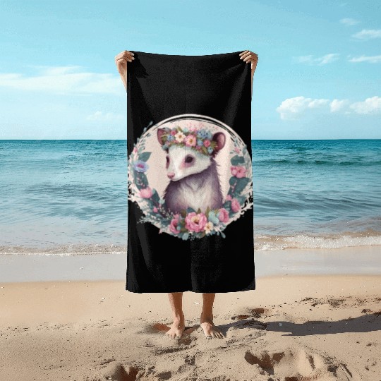 Cute Possum Flower Crown Floral Watercolor Beach Towels