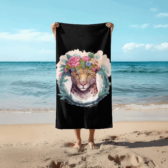 Jaguar Flower Crown Floral Watercolor Beach Towels