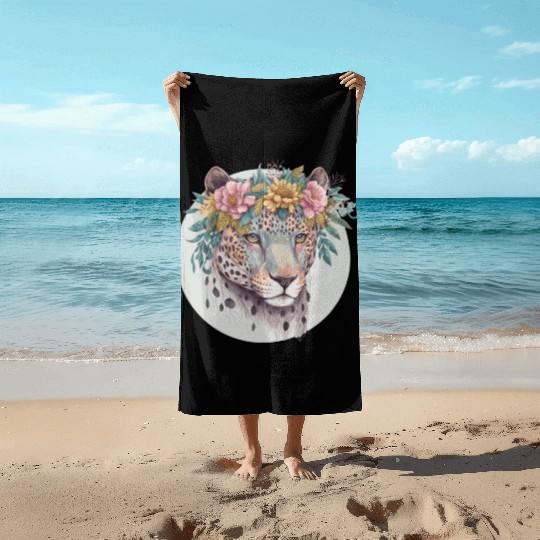 Floral Jaguar Flower Crown Watercolor Animal Beach Towels