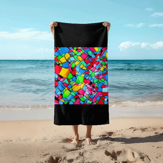 ABSTRACT PAINTING COLORFULL WATERBASE CUBE BLACK Beach Towels