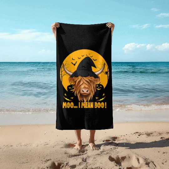 Funny Halloween Farmer Ghost Cow Highland Cow Beach Towels