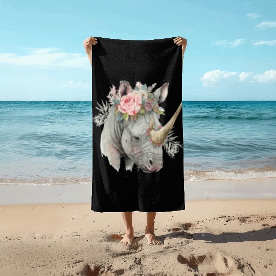 African Watercolor Rhinozeros Flower Crown Safari Beach Towels