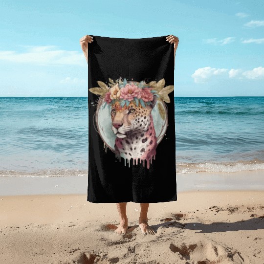 Flower Crown Jaguar Floral Animal Lovers Beach Towels