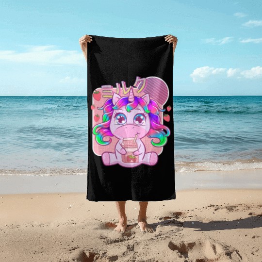 Funny Kawaii Unicorn Strawberry Milk Shake Beach Towels