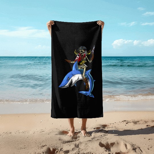 Skeleton Pirate Sailor Riding Shark Ocean Fantasy Beach Towels
