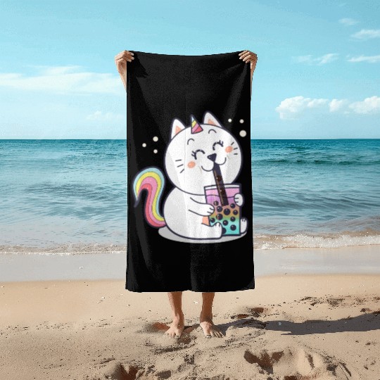 Bubble Tea Cute Kawaii Unicorn Cat Japanese Beach Towels