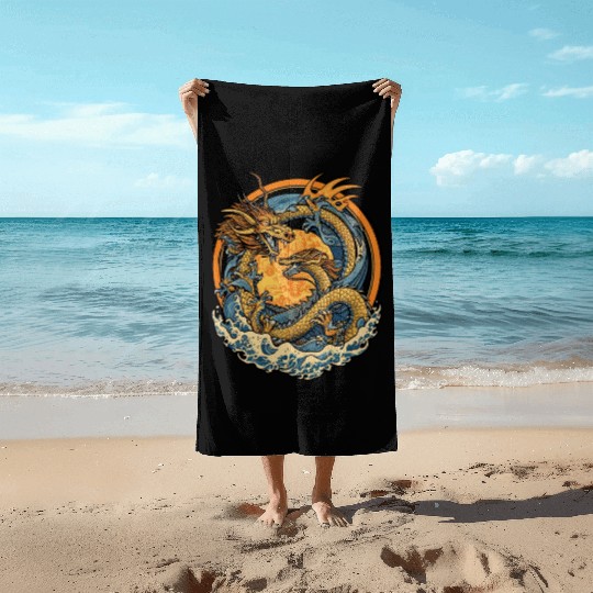 Vintage Japanese Dragon Sun Tattoo Design 1 Beach Towels