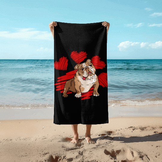 I Love My English Bulldog Dog Paw With Heart Beach Towels