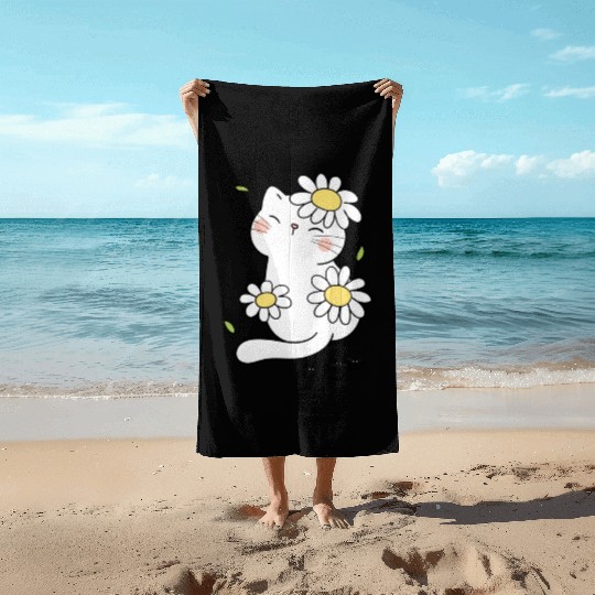My white cat and my yellow flowers Beach Towels