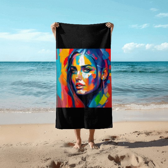 Painting of a beautiful girl and beautiful colors Beach Towels
