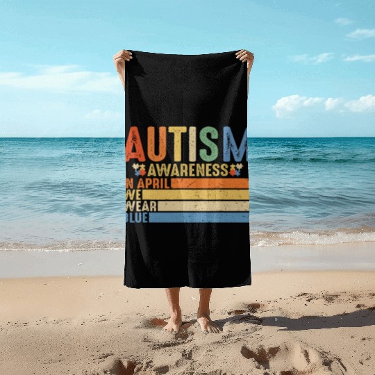 Retro IN APRIL WE WEAR BLUE Puzzle Autism Awarenes Beach Towels