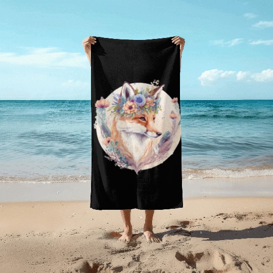Cute Watercolor Fox Flower Crown Boho Aesthetic Beach Towels