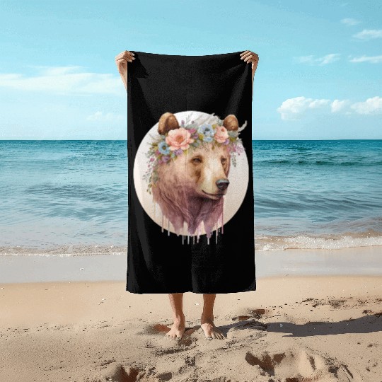 Watercolor Brown Bear Grizzly Flower Crown Wild An Beach Towels