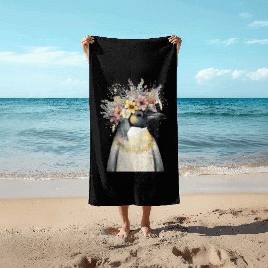 Cute Emperor Penguin Seabird Flower Crown Floral B Beach Towels