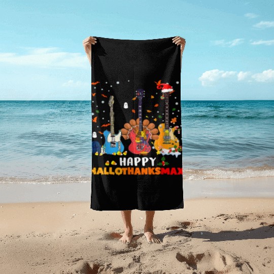 Guitar Happy Hallothanksmas Halloween Thanksgiving Beach Towels