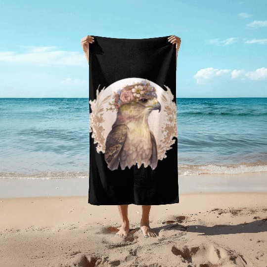 Watercolor Hawk Bird Of Prey Flower Crown Floral B Beach Towels