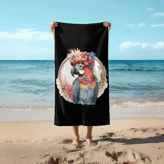 Colorful Parrot Watercolor Macaw Bird Flower Crown Beach Towels