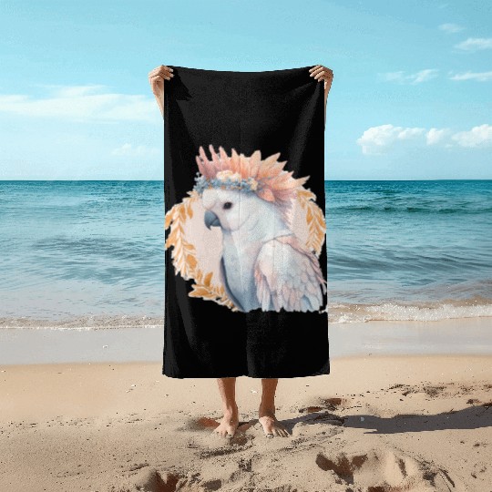 Cute Watercolor Cockatoo Parrot Bird Flower Crown Beach Towels