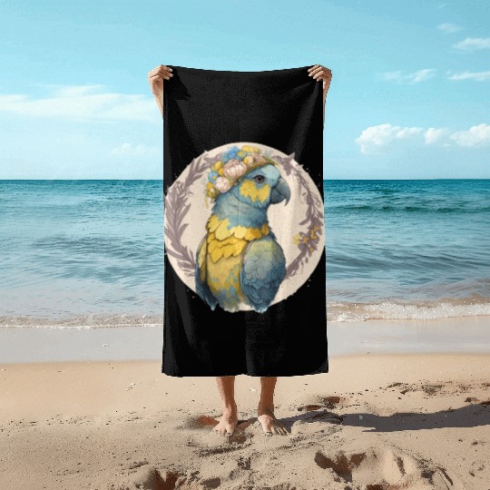 Yellow Blue Ara Macaw Flower Crown Parrot Parakeet Beach Towels