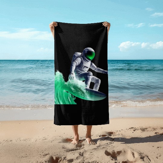 Green waves surfing astronaut Beach Towels