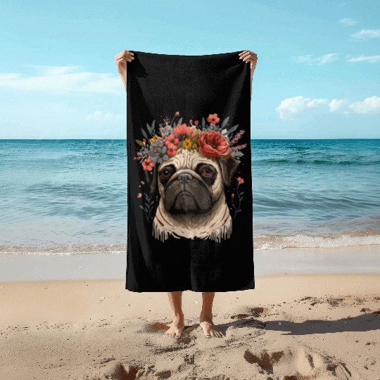 Cute Pug Flower Crown Pet Dog Breed Floral Puppy Beach Towels