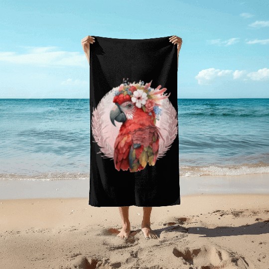 Red Scarlet Macaw Flower Crown Parrot Watercolor B Beach Towels