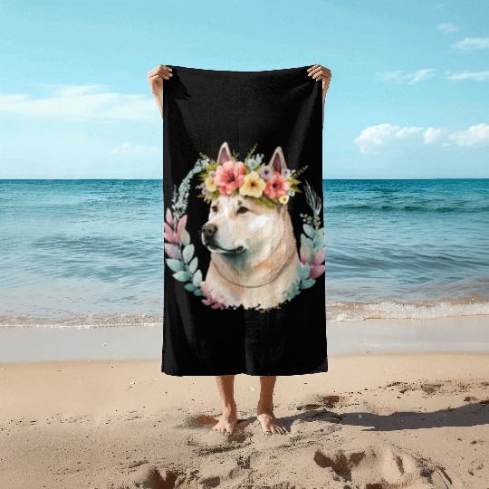 Cute Akita Inu Dog Flower Crown Pet Dog Breed Flor Beach Towels