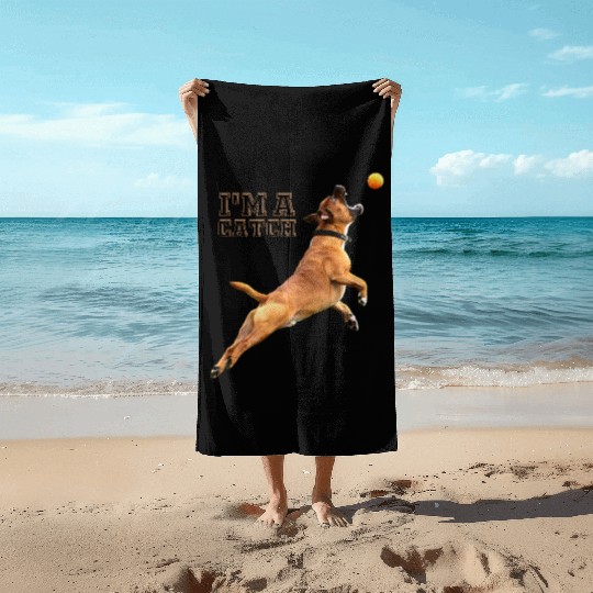 Big Dog Bull Mastiff Catching a Ball, I'm a Catch Beach Towels