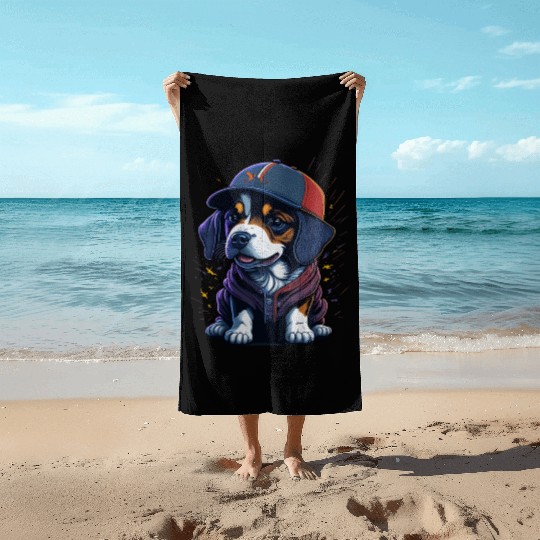 Cute Border Collie Puppy Wearing Baseball Hat Beach Towels