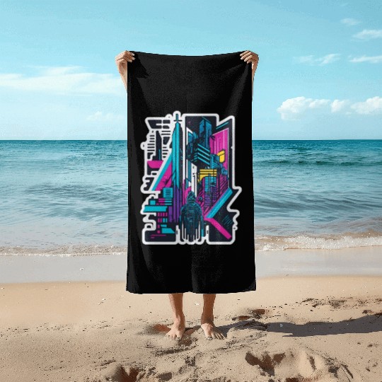 Cyberpunk Cityspace Beach Towels