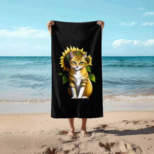 Yellow Cat Relaxing Beneath Sunflowers Beach Towels