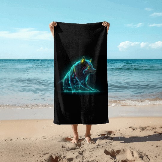 Neon Moon Wolf Beach Towels