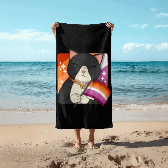 Cute Tuxedo Cat Holding Lesbian Pride Flag Beach Towels