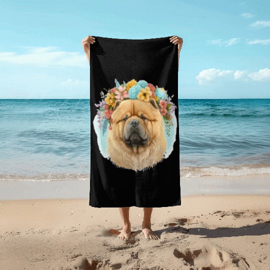 Cute Chow Chow Flower Crown Pet Dog Breed Floral P Beach Towels