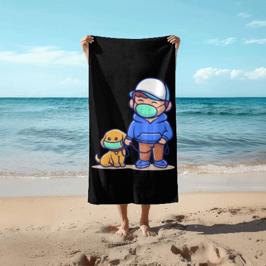 people with dog wear mask illustration corona Beach Towels