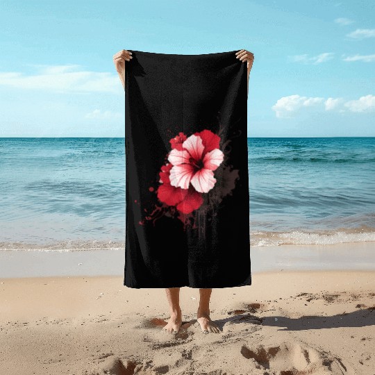 A red hibiscus flower ink drawing Beach Towels