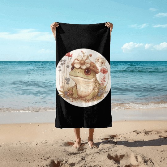 Cottagecore Cute Frog Toad Flower Crown Dark Acade Beach Towels