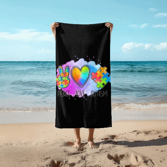 Peace Love Autism Super Cute Puzzle Pieces Autism Beach Towels