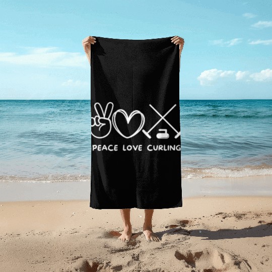 Peace Love Curling Retro Curling Lover Sport Lover Beach Towels