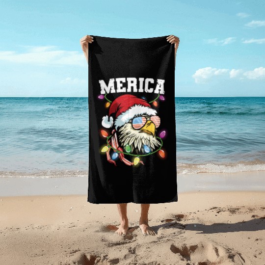 Merica Usa Flag Patriotic Veteran Santa Bald Eagle Beach Towels
